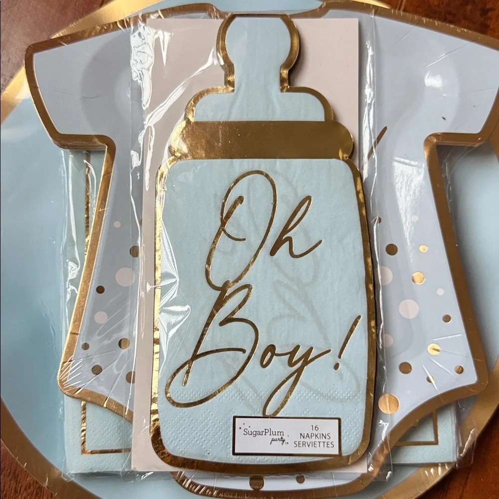 READ - NWT Baby Boy Blue Gold Plates Napkins Baby Shower Party Tableware